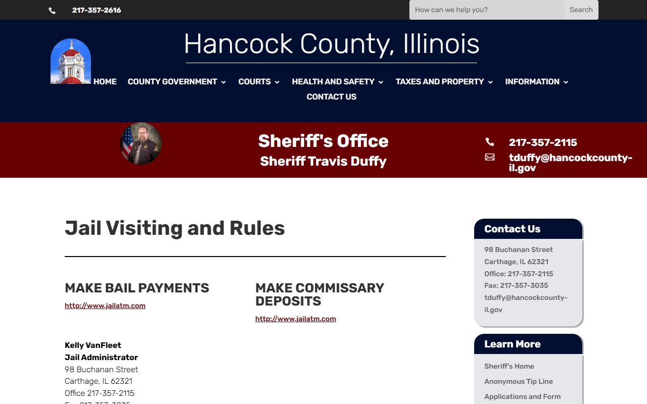 Hancock County Jail inmate rules and visiting information