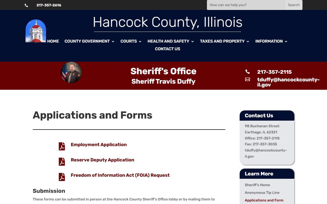 Hancock County inmate records sheriff FOIA forms page